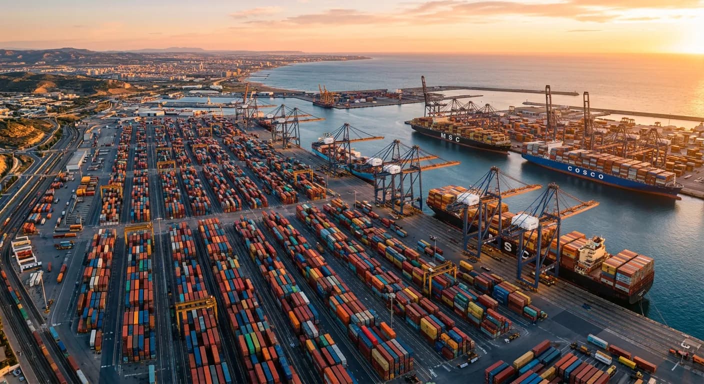 International trade container port with cargo ships